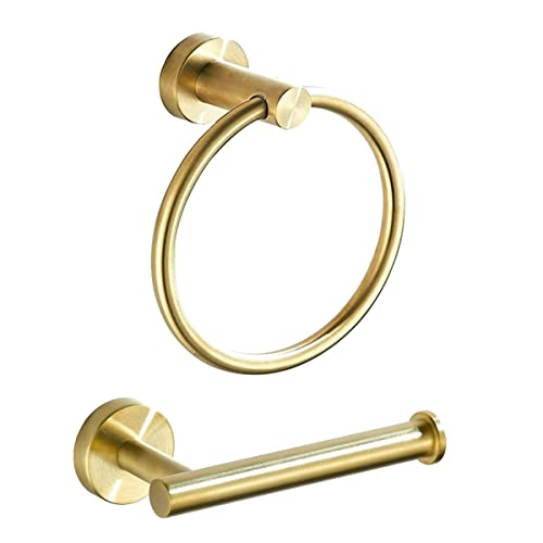 BATHSIR Brushed Gold Toilet Paper Holder & Hand Towel Holder Wall Mount 2 Pieces, Single Post Pivoting Round Modern Bathroom Hardware Towel Ring Toilet Tissue Holder, Bathroom Accessories Set - color: Gold 3