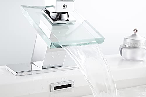 Waterfall Bathroom Sink Faucet Glass Spout One Handle with Deck Plate | Single Hole Basin Vanity Bathroom Sink Faucet Chrome Solid Brass Lavatory Bath Tap Modern Design - color: Chrome, style: No Led light