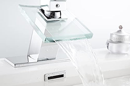 Waterfall Bathroom Sink Faucet Glass Spout One Handle with Deck Plate | Single Hole Basin Vanity Bathroom Sink Faucet Chrome Solid Brass Lavatory Bath Tap Modern Design - color: Chrome, style: No Led light