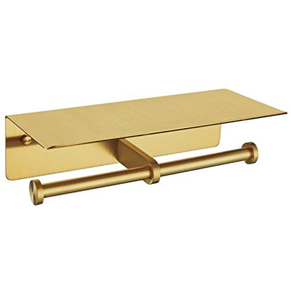 Double Roll Toilet Paper Holder, Brushed Gold, 304 Stainless Steel | Wide Utility Shelf, Phone & Wet Wipe Storage, Modern Bathroom Upgrade, Guest Bath & Family Bathroom Use - color: Brushed Gold, size: Double Rod