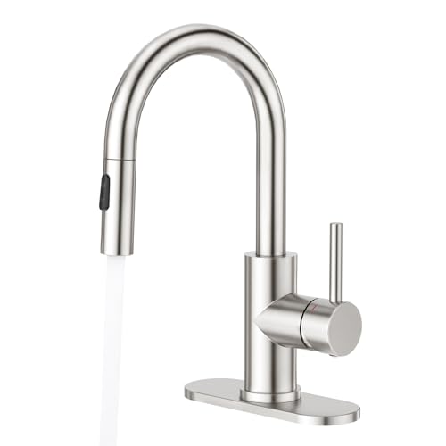 CREA Bathroom Faucet with Pull Out Sprayer,Brushed Nickel Single Handle Kitchen Bar Faucets for Mini Sink Pull Down Vanity Mixer Tap 2 Water Modes,cUPC/NSF - color: A-Brushed Nickel