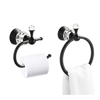 WOLIBEER Crystal Towel Ring,Matte Black Toilet Paper Holder Stand Hand Towel Holder Towel Hook Tissue Roll Paper Holder Towel Hanger Bathroom Hardware 2 Pieces Sets Wall Mounted - color: Black
