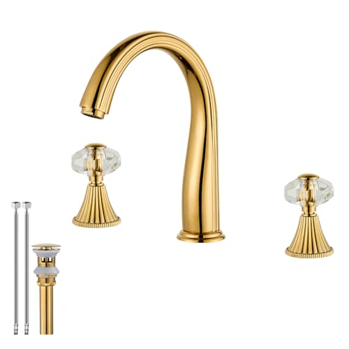 Gold Crystal 3 Hole Sink Vanity 8 Inch Brass 2 Handles 2 Tone Widespread Modern Unique Bathroom Faucets Sets, Antique Lavabo Faucet, Vintage Lavatory Vessel Luxury Mixer Tap with Pop up Drain - style: Vintage