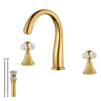 Gold Crystal 3 Hole Sink Vanity 8 Inch Brass 2 Handles 2 Tone Widespread Modern Unique Bathroom Faucets Sets, Antique Lavabo Faucet, Vintage Lavatory Vessel Luxury Mixer Tap with Pop up Drain - style: Vintage