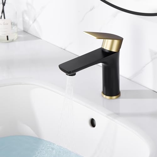 SUMERAIN Modern 304 Stainless Steel Bathroom Faucet Lead-Free Vanity Sink Faucet Black&Gold Single Handle Washbasin Faucet | Lead-Free, Single Handle, Unique Flow Pattern, Water-saving, Easy DIY Install - color: Black and Gold