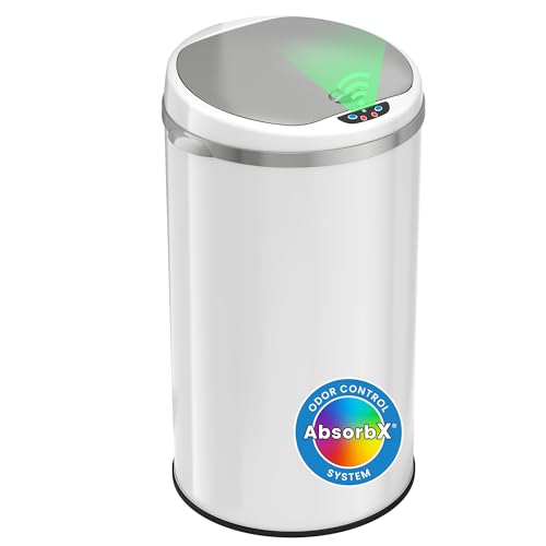 iTouchless 8 Gallon Trash Can with Odor Filter, White Stainless Steel Trashcan Round Garbage Bin for Home Office Work Bedroom Living Room Garage Large Capacity Slim Wastebasket - color: Alpine White, 8 Gal