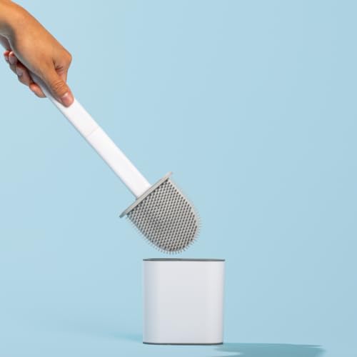 Silicone Toilet Bowl Brush with Holder, White, Quick-Dry Design
