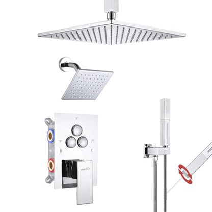 VANFOXLE Shower Faucet Set Chrome Shower System, Push Button Diverter | 10 Inch Ceiling Mount Rain Head, 6 Inch Wall Mount Head, 2-in-1 Handheld Sprayer, Solid Brass Valve, Rust Resistant - color: Chrome, style: 10"+6" Head