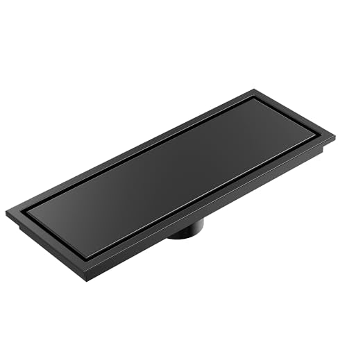 12-Inch Linear Shower Drain, Matte Black SUS304 Stainless Steel with 2-in-1 Tile Insert Cover & Flat Grate, High Flow Floor Drainer with Hair Strainer, Adjustable Feet - color: Matte Black, size: 12