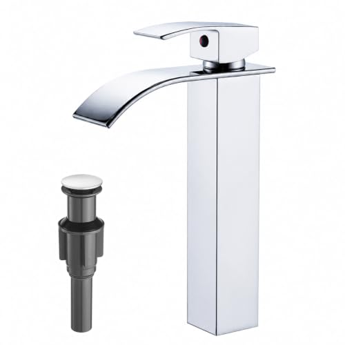 VOTON Vessel Sink Faucet Chrome Modern Tall Waterfall Bathroom Sink Faucet with Pop-Up Drain Single Handle Bathroom Faucet 1 Hole Bowl Lavatory Vanity Faucet, Rv Sink Camper Farmhouse Bathroom Faucet - color: Chrome, size: Tall