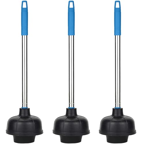 SteadMax Heavy Duty Toilet Plunger, Rubber Cup, Steel Handle, Blue (3 Pack) - color: 3 Pack - Blue Handle