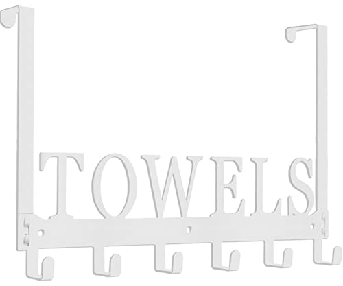Over The Door Rack, Towel Hooks for Bathroom, Bath Towel Holder Door Mount Metal Towel Hanger for Bedroom Kitchen Pool Beach Towels Bathrobe Wall Mount Towel Rack for Bathrooms (6 Hooks, White) - color: White, size: 6 Hooks