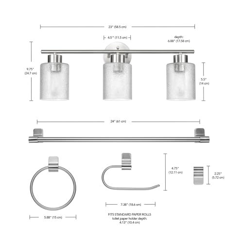 Globe Electric 5-Piece All-in-One Brushed Nickel Bathroom Accessory Set with 23" 3-Light Vanity Light and Clear Frosted Glass Shades - color: Brushed Nickel