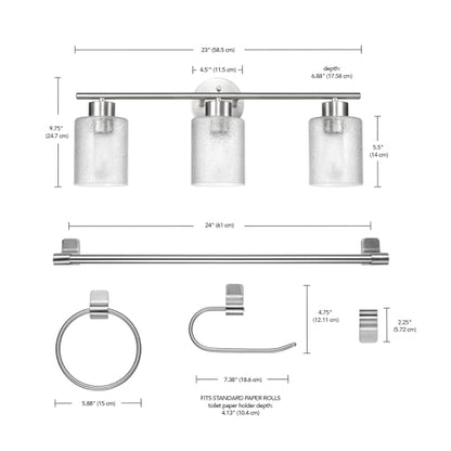 Globe Electric 5-Piece All-in-One Brushed Nickel Bathroom Accessory Set with 23" 3-Light Vanity Light and Clear Frosted Glass Shades - color: Brushed Nickel