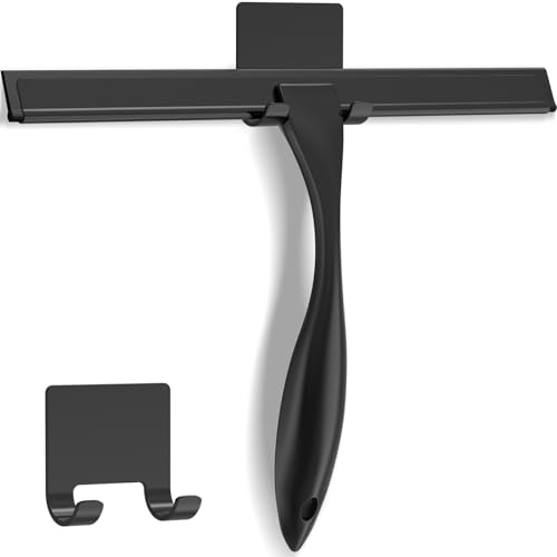 All-Purpose Stainless Steel Shower Squeegee for Shower Glass Door with Adhesive Hook, Bathroom Cleaner Tool Household Window Mirror Squeegee for Glass Doors, Cleaning Tile Wall, Car, 14 inch, Black - size: 14-inch
