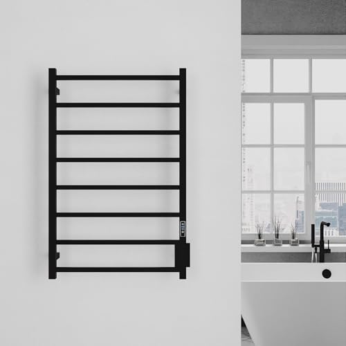 ANZZI Bell 8-Bar Wall Mounted Towel Warmer in Matte Black, Energy Efficient 80W Electric Plug in Heated Towel Rack for Bathroom, Steel Towel Heater Rail On/Off Switch Drying Rack, TW-AZ026MBK - color: Black