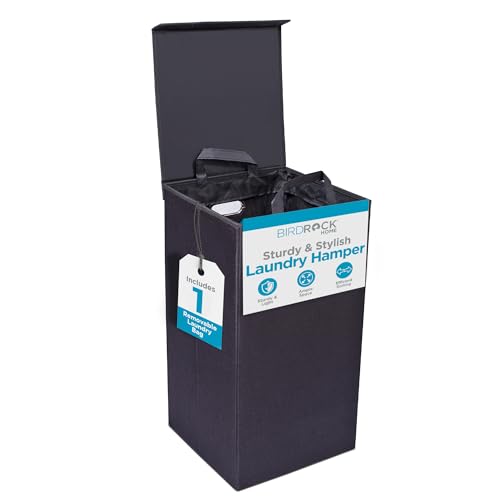 BIRDROCK HOME Single Laundry Hamper with Lid and Removable Liner | Linen | Easily Transport Laundry | Foldable Hamper | Cut Out Handles - color: Black, style: Single