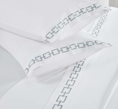 Superior Embroidered Cotton Bed Sheet Set, 1 Elastic Deep Pocket Fitted Sheet, 1 Flat Sheet, 2 Pillowcases, Daily Sheets, Luxury, Unique Design, Chain Links Collection, King, White-Silver - color: White-silver, size: King