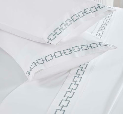 Superior Embroidered Cotton Bed Sheet Set, 1 Elastic Deep Pocket Fitted Sheet, 1 Flat Sheet, 2 Pillowcases, Daily Sheets, Luxury, Unique Design, Chain Links Collection, King, White-Silver - color: White-silver, size: King
