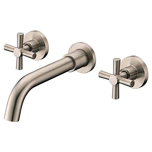 SUMERAIN Wall Mount Bathroom Sink Faucet, Brushed Nickel | Dual Cross Handles, Rough-in Valve Included, 360°Swivel Spout - color: Brushed Nickel