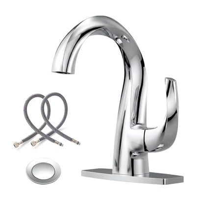 WOWOW Single Handle Bathroom Faucet 1 Hole High Arc Bathroom Basin Faucet Chrome with Pop Up Drain, Solid Brass Commercial Bathroom Sink Faucet Basin Vanity Sink (Patented Product) - color: Chrome