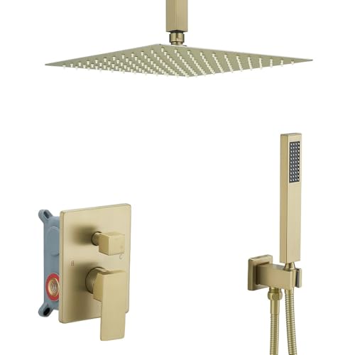 12 Inch Brushed Gold Ceiling Mount Shower System Bathroom Luxury Rain Mixer Shower Combo Set Ceiling Rainfall Shower Head System Faucet Contain Rough-in Valve and Trim Included - color: Brushed Gold, size: 12 Inch