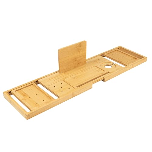 Utoplike Bamboo Bathtub Tray Caddy for Tub, Bath Table Bathroom Organizer | Adjustable, with Book Tablet Stand, Wine Glass Cup, 2 Sliding Towel Holder