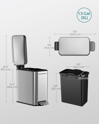 SONGMICS Bathroom Trash Can and Toilet Brush Set, 1.3 Gallon Small Trash Bin with Lid, Slim for Small Spaces, Stainless Steel Garbage Can, Soft Close, Silver ULTB560E0501 - color: Silver, style: 1.3 Gal. with Toilet Brush Set