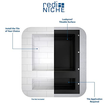 Tile Redi USA Niche Double Recessed Shower Shelf – Black, Two Inner Shelves with Divider, 16-Inch Width x 20-Inch Height x 4-Inch Depth (RN1620D-BI) - size: 20" H x 16" W (2 Shelves)