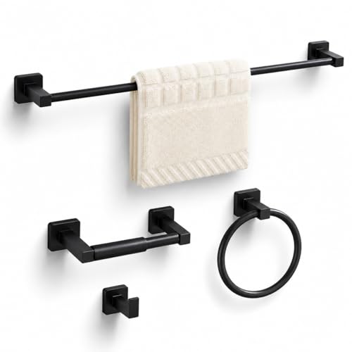 Matte Black Bathroom Hardware Set 4 Pieces,Bathroom Accessories Set Stainless Steel Wall Mounted, Hand Towel Bar, Towel Ring, Robe Towel Hooks,Toilet Paper Holder,Towel Bar Set, 23.6 Inch - color: Matte Black, size: 23.6Inch