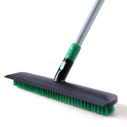 Eyliden Scrub Brush with Squeegee, Floor Deck Tile Bath Cleaning Scrubber | 15-inch Wide, 45° Angle 2-in-1 Stiff Bristles & Rubber Head, 55" Telescoping Long Handle, for Shower Kitchen Patio Garage