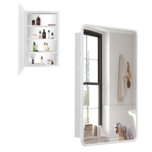 White Bathroom Medicine Cabinet with Mirror 17 x 27 Metal Frame Recessed Or Wall Mounted Single Door Storage Medicine Cabinets with Adjustable Shelves Rounded Corner Beveled Mirrors - color: Matt White, size: 17x27''