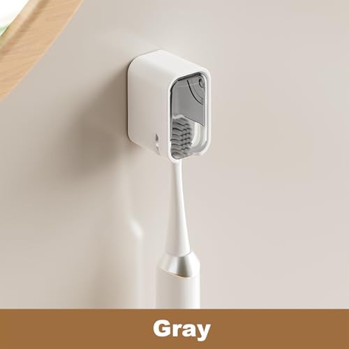 ROOM127 Wall Mounted Toothbrush Holder Set with Toothpaste Dispenser, Gray | 3-Piece Set with 2 Covered Holders, Automatic Toothpaste Squeezer and Ventilated Storage for Manual or Electric Brushes - color: Gray