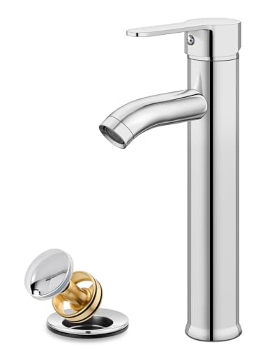 gotonovo Bathroom Vessel Sink Faucet Metal Pop Up Drain, Polish Chrome | Tall Bathroom Faucet 1 Hole Single Handle Modern Round Body, cUPC Water Supply Hoses, for Basin Vanity Lavatory Restroom Rv - color: Chrome