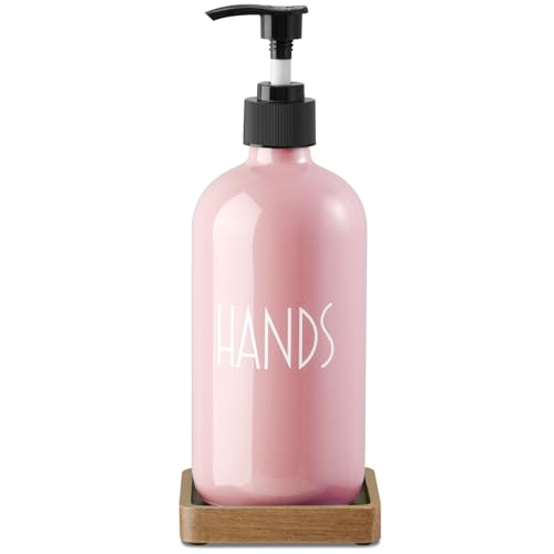 Pink Glass Hand Soap Dispenser with Acacia Wood Tray, 16 oz Refillable Hand Soap Pump Bottle, Decorative Countertop Soap Dispenser Set for Kitchen, Bathroom, Restaurant - color: Pink-hand