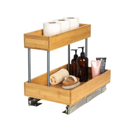 Bamboo and Chrome 2-Tier Pull-Out Storage Organizer - Slide-Out Under-Sink Cabinet Drawer, 18” D x 11.5” W x 15.5” H, 33 lbs Weight Capacity, 1-Pack