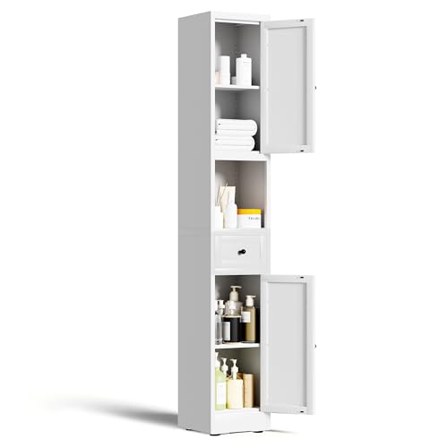 Tall Metal Bathroom Cabinet, 71" Tall Slim Freestanding Locker with 2 Door & 1 Drawer, Narrow Storage Cabinet with Adjustable Shelves, for Small Spaces, Bathroom, Living Room, Modern - White - color: White