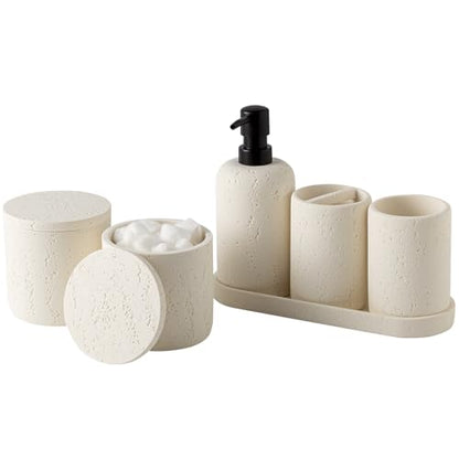 Bathroom Accessories Set,4 PCS Travertine Stone Look Collection,Cream | Modern Bath Organizer with 13.53OZ Soap Dispenser,Toothbrush Holder,Tumbler,Vanity Tray,2PCS Cotton Swab Jars for Countertop - color: Cream 6 Pcs