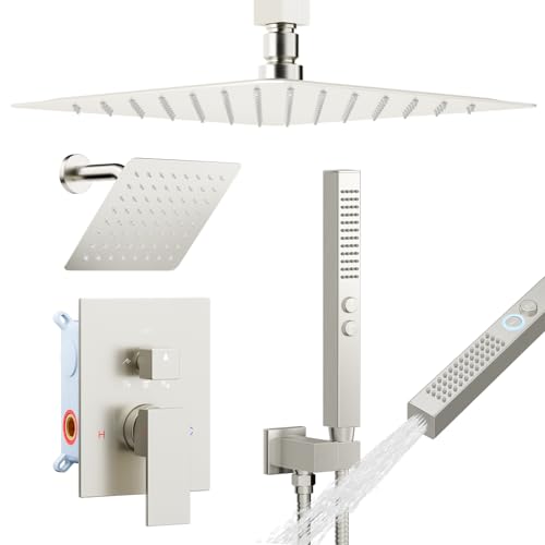 STARBATH Shower Faucet Set Shower System with Diverter Valve Brushed Nickel | 12 Inch Ceiling Mount Rain Shower Head, 6 Inch Wall Mount Rainfall Shower Head and 2-in-1 Handheld Spray for Two Person - color: Brushed Nickel, size: 12"+6"-03