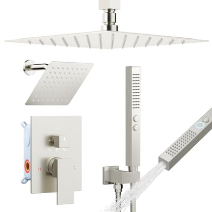 STARBATH Shower Faucet Set Shower System with Diverter Valve Brushed Nickel | 12 Inch Ceiling Mount Rain Shower Head, 6 Inch Wall Mount Rainfall Shower Head and 2-in-1 Handheld Spray for Two Person - color: Brushed Nickel, size: 12"+6"-03