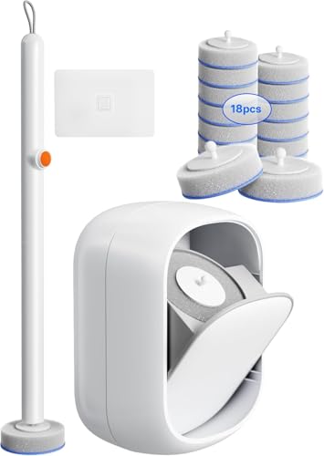 Disposable Toilet Cleaning System with Wall Mounted Brush, Holder and 18 High-Performance Refills for Deep Bathroom Cleaning