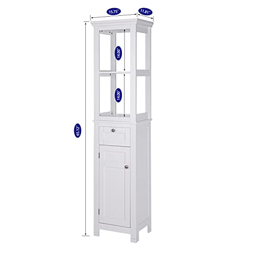 Spirich Bathroom Freestanding Storage Cabinet with Two Tier Open Shelves, Tall Slim Cabinet with Door and Drawer, Floor Linen Tower (White) - color: White