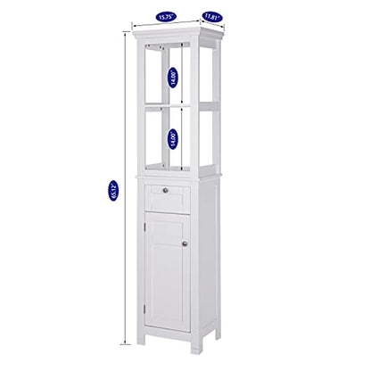 Spirich Bathroom Freestanding Storage Cabinet with Two Tier Open Shelves, Tall Slim Cabinet with Door and Drawer, Floor Linen Tower (White) - color: White