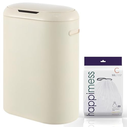 happimess 13.2 Gal Oval Motion Sensor Trash Can, Limestone Beige | Oval, Motion Sensor, Touch Mode, Soft Close Lid, Powder Coated Iron, 17.7" W x 9.84" D x 24.2" H - color: Limestone Beige
