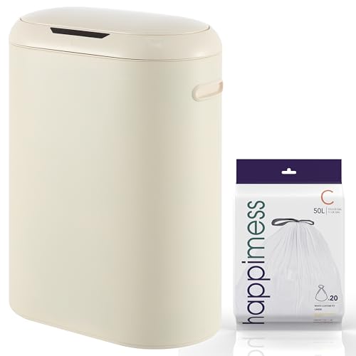 happimess 13.2 Gal Oval Motion Sensor Trash Can, Limestone Beige | Oval, Motion Sensor, Touch Mode, Soft Close Lid, Powder Coated Iron, 17.7" W x 9.84" D x 24.2" H - color: Limestone Beige