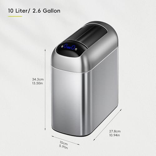 EKO Astro Slim Sensor Trash Can, 10L / 2.6 Gallon Touchless Garbage Bin with Soft-Close Retractable Wing Lid, Motion Sensor Stainless Steel Trash Can for Bathroom, Kitchen and Office, Waterproof - size: Astro 10L-Matte Stainless