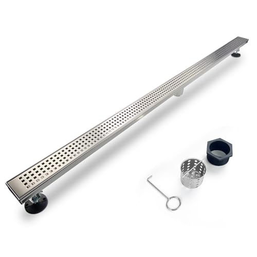 SaniteModar Linear Shower Drain 60 inch Brushed with Square Hole Panel | AISI 304 Stainless Steel Brushed Linear Dain Rectangle Shower Floor Drain with Hair Strainer and Leveling Feet - color: Stainless Steel, size: 60 inch