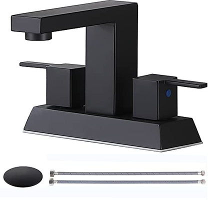 Friho Matte Black Bathroom Sink Faucet, 4 inch Bathroom Faucets for Sink 3 Hole with Water Hoses and Pop up Drain，Stainless Steel 2-Handle Centerset Bathroom Faucet for Vanity RV Restroom, FR2DST201B - color: Black