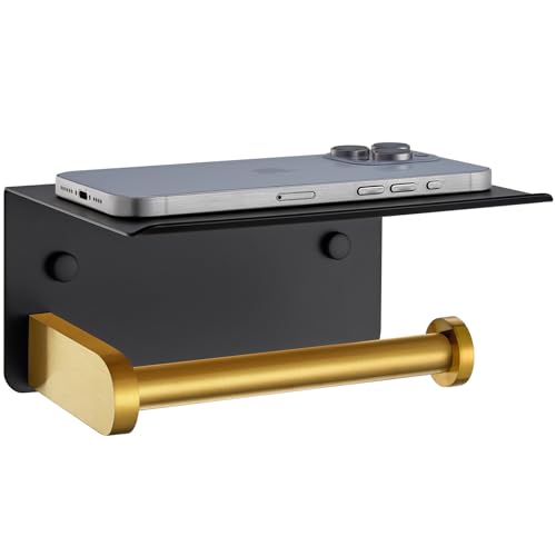 APLusee Toilet Paper Holder with Storage Shelf, Black & Gold, Wall Mounted | Rustproof 304 stainless steel, fits for bathroom, restroom, powder room, functional paper rolls & phone storage tissue holder - color: Black Gold, size: Single Rod