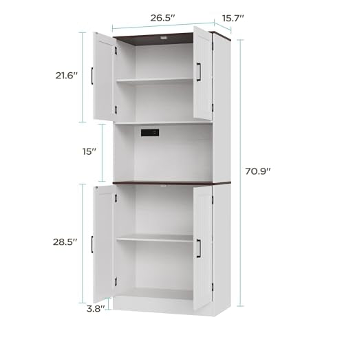 MHOM 71" Tall Pantry Cabinet with Charging Station, Farmhouse Kitchen Hutch with Adjustable Shelves, Modern Kitchen Pantry Storage Cabinet for Dinning Room & Living Room, Antique White - color: White